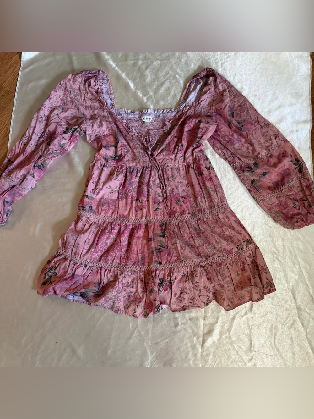 Miss Selfridge western cotton lace insert tiered mini dress patchwork sz.10